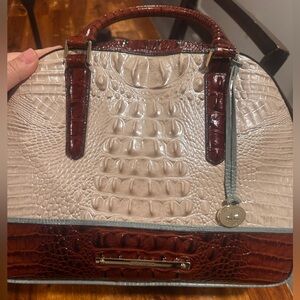 Brahmin Croc-Embossed Dome Satchel in Beige & Brown - Classic Structured Handbag